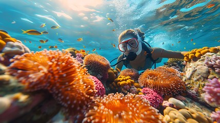 A snorkeler in the Great Barrier Reef, Australia, discovering a vibrant coral garden, with bright anemones, playful fish, and the sunlight illuminating the underwater landscape. DSLR, wide-angle lens,