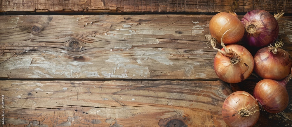 Poster old rustic wood table background with spanish onions creates a picturesque setting for a copy space 