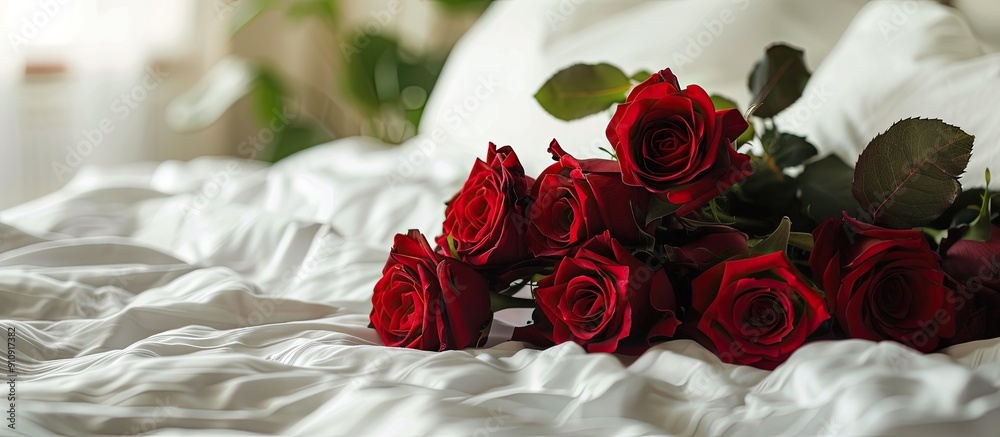 Poster romantic concept for valentine s day with a close up of a bunch of red roses on a white bed with a b