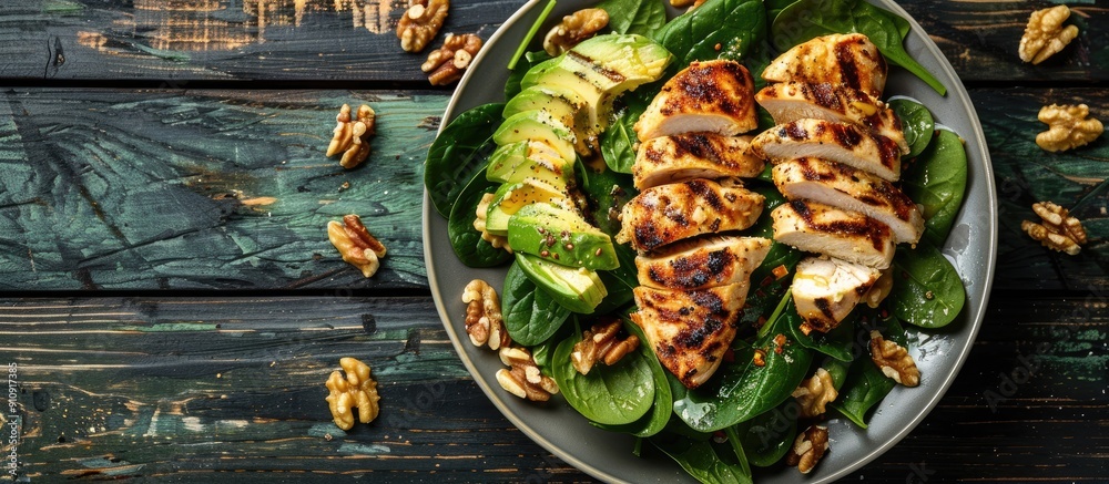 Poster Top view of a spinach salad featuring grilled chicken avocado and walnuts on a plate set against a dark wooden backdrop with room for a copy space image