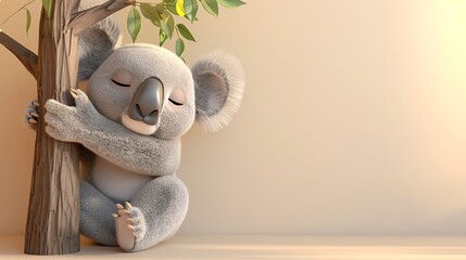 A cartoon koala bear with its eyes closed is hugging a tree trunk.
