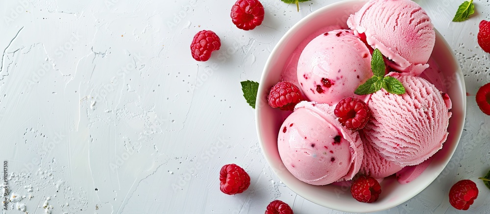 Poster A top view of pink ice cream with raspberries on a white table offering copy space for text in a horizontal background setting