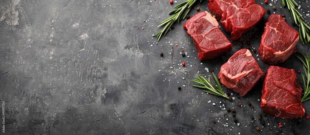Poster Fresh beef cuts arranged on a grey table creating a flat lay composition with a designated copy space image