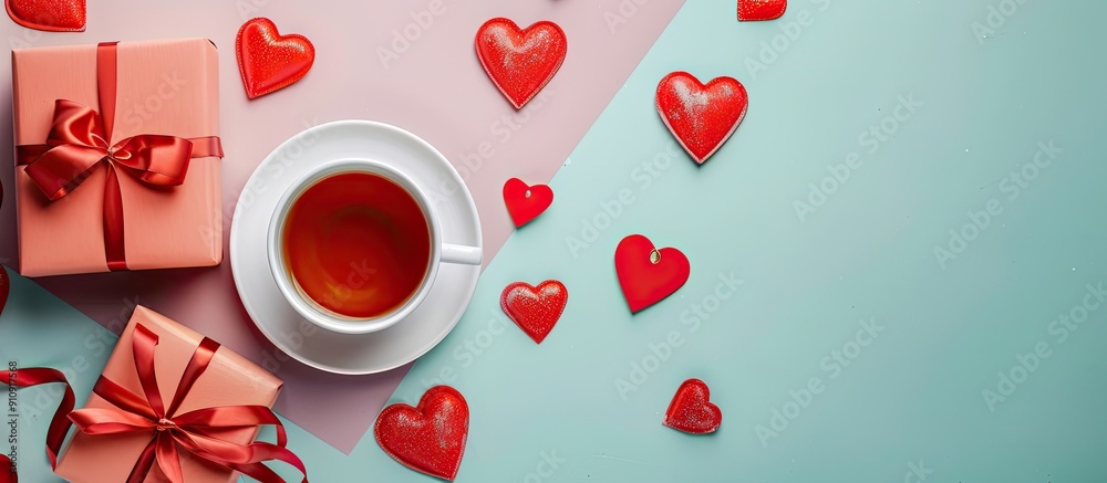 Poster valentine s day gifts and a cup of tea on a colored background with room for text making it a copy s