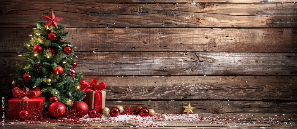 Poster festive christmas tree decorations set against a rustic wooden backdrop with copy space image