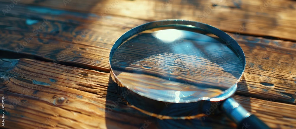 Poster magnifying glass placed on a wooden table ideal for a copy space image