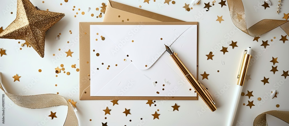 Poster white background featuring a blank note surrounded by an envelope ribbon confetti pen and golden gli