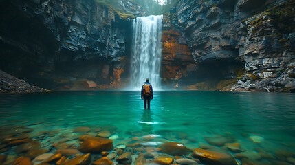 Fototapeta premium A solo hiker on the Johnston Canyon trail in Banff National Park, Canada, with the majestic Lower Falls cascading into a crystal-clear pool, surrounded by lush greenery and rugged cliffs. DSLR,