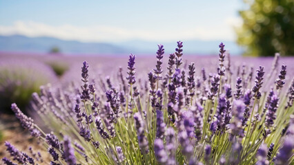 Field of blooming lavender, beautiful sunset light, soft pastel colors, rows of lavender bushes stretching to horizon