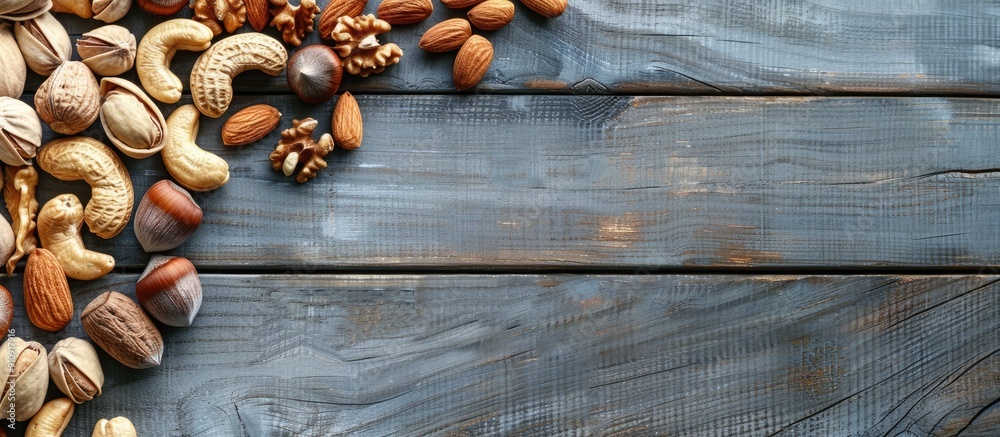 Poster Various types of nuts like cashews hazelnuts walnuts and almonds arranged on a gray wooden surface captured from above with a space for text or images. Creative banner. Copyspace image