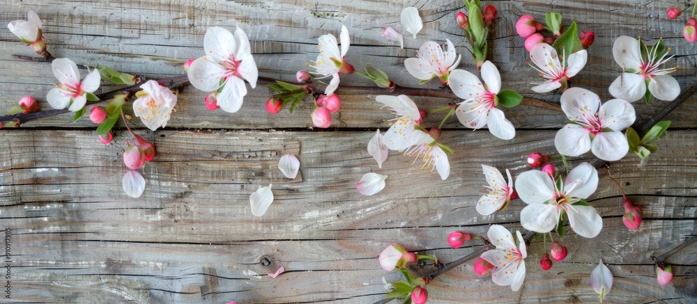 Aufkleber Spring branches with white pink blossoms on a wooden background form a rustic composition on a vintage textured table Close up top view with copy space image