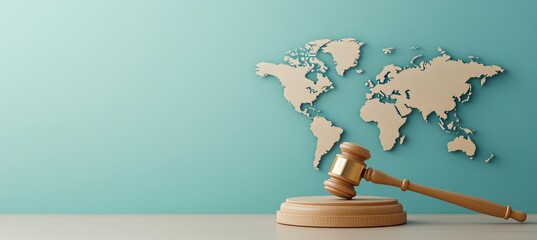 A map of the world with a gavel placed on it, representing international law