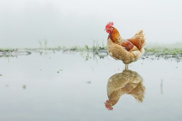 Naklejka premium A chicken is reflected in a still pond. Its image is perfectly reflected.
