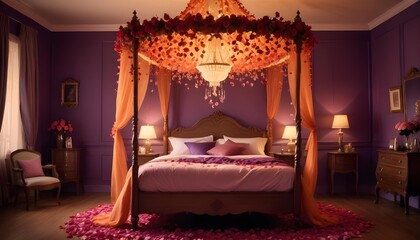 Fototapeta premium Romantic Rose Petal Trail in a Twilight Bedroom theme