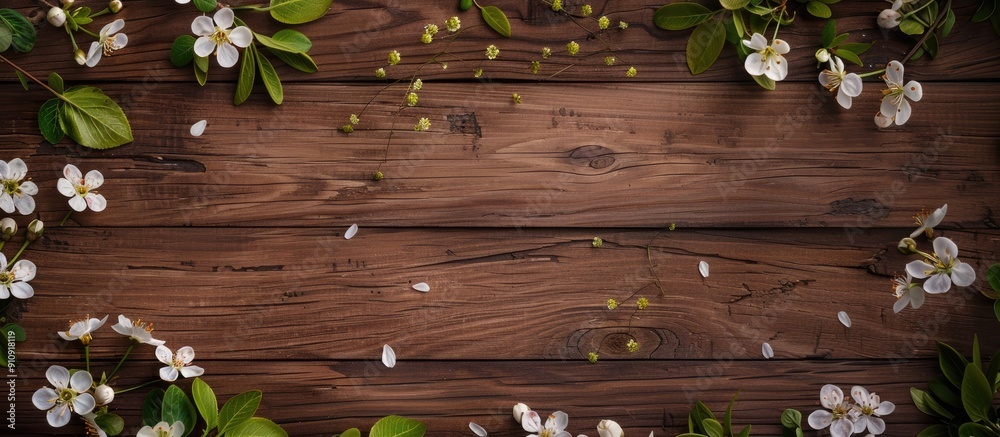 Fototapete Wooden table with blooming spring branches and leaves arranged in a flat lay composition offering ample copy space image