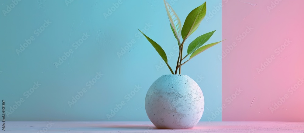 Aufkleber spring concept depicted with a gypsum vase displaying fresh leaves sprouting against a pastel pink a