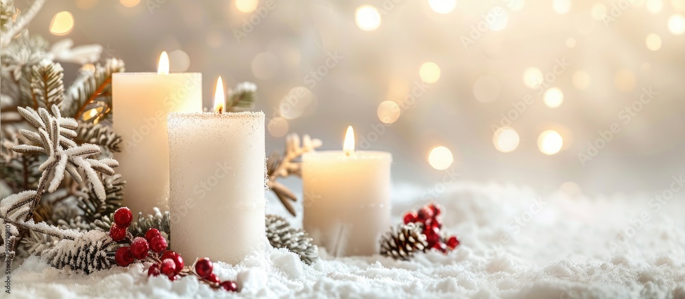 Poster White candles as part of a Christmas decoration with copy space image for text or graphics