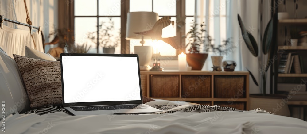 Poster a mockup image showing a woman using a laptop with a blank screen in a cozy bedroom at home with cop
