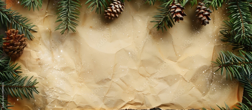 Aufkleber Vintage parchment paper with room for text set against a backdrop of a Christmas tree branch isolated. Creative banner. Copyspace image