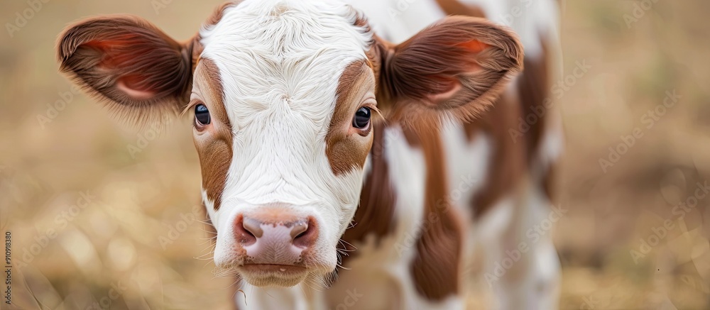 Canvas Prints Young Hereford calf with red and white face in a close up image gazing directly at the camera with copy space around