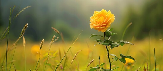 Obraz premium A yellow rose in a field with copy space image