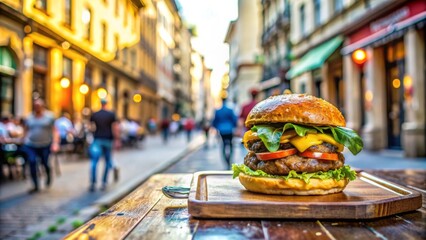 Hamburguesa de res con queso, lechuga y tomate sobre una tabla de madera en una bulliciosa calle peatonal.