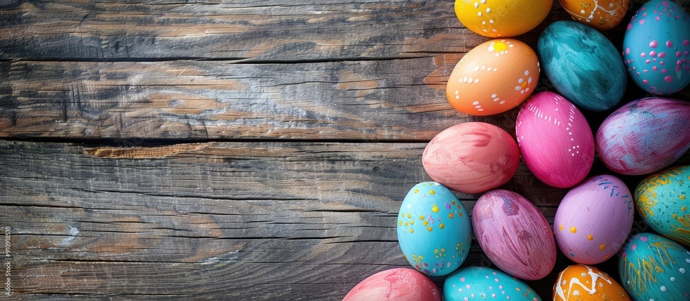 Poster easter eggs in a variety of bright colors displayed on a wooden background with copy space image
