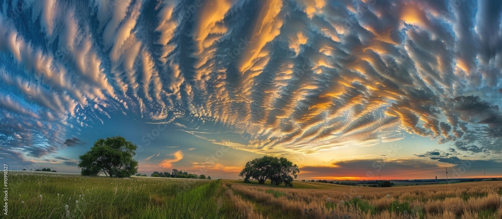Aufkleber Summer dusk showcases a stunning array of cirrocumulus and altocumulus clouds creating an exquisite sky with a scenic copy space image