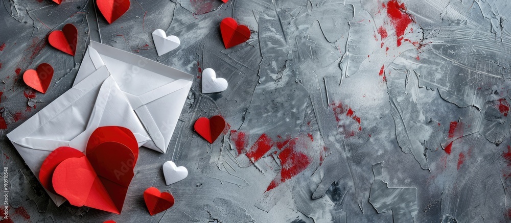 Fototapete grey background with red and white envelopes featuring a heart perfect for a romantic theme with cop