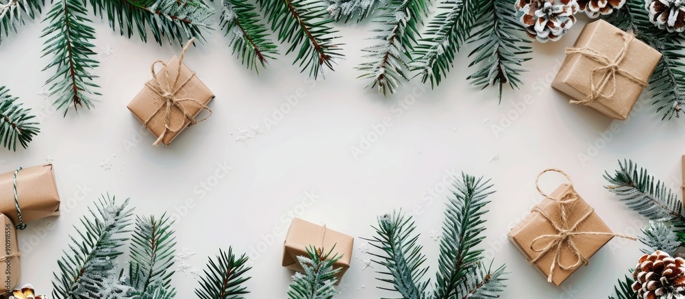 Poster festive christmas decor featuring fir branches gift boxes creating a charming holiday backdrop suita