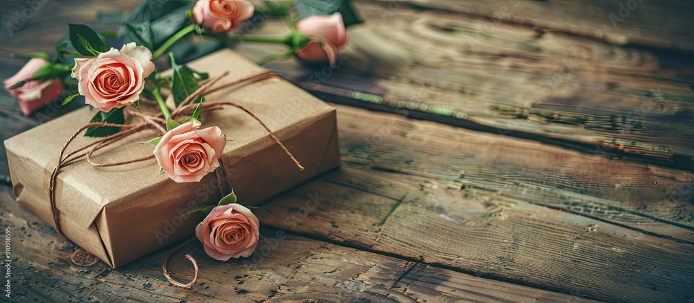 Poster valentine themed image with a gift box roses on wood and room for text in the picture. creative bann