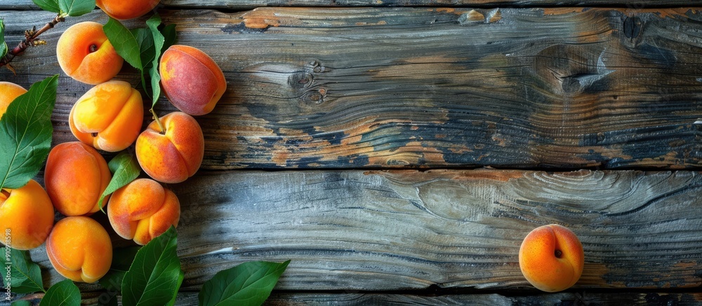 Poster fresh apricots displayed with leaves on a wooden surface providing copy space image along with other