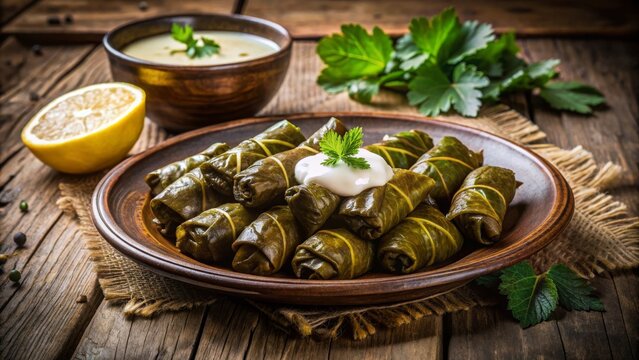 Hojas de parra rellenas servidas en un plato de cer&aacute;mica, acompa&ntilde;adas de rodajas de lim&oacute;n y crema, decoradas con perejil fresco.