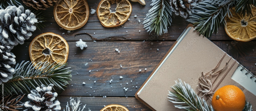 Aufkleber winter themed decorations including cones branches dried orange slices and a notebook mockup enhance
