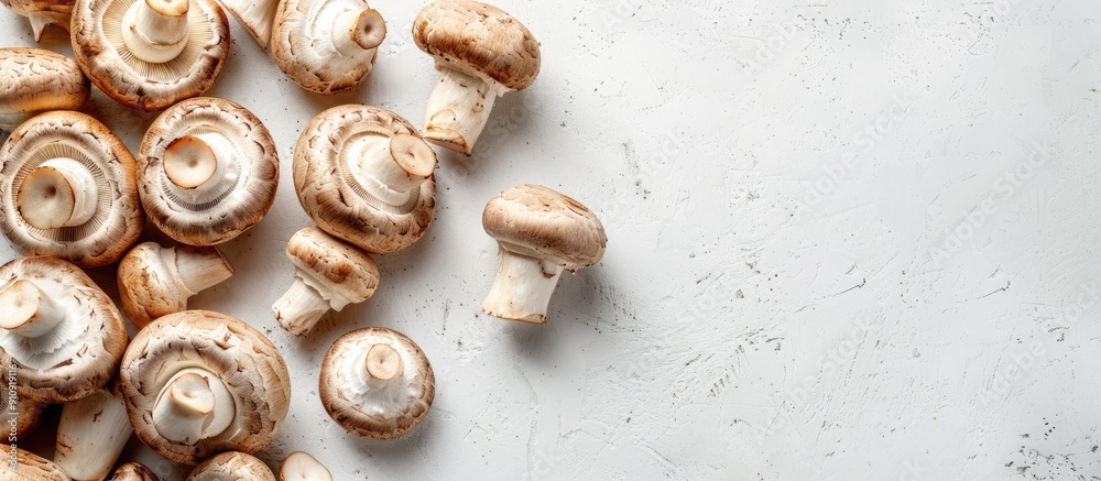 Poster Fresh champignon mushrooms collection on a white background with copy space image