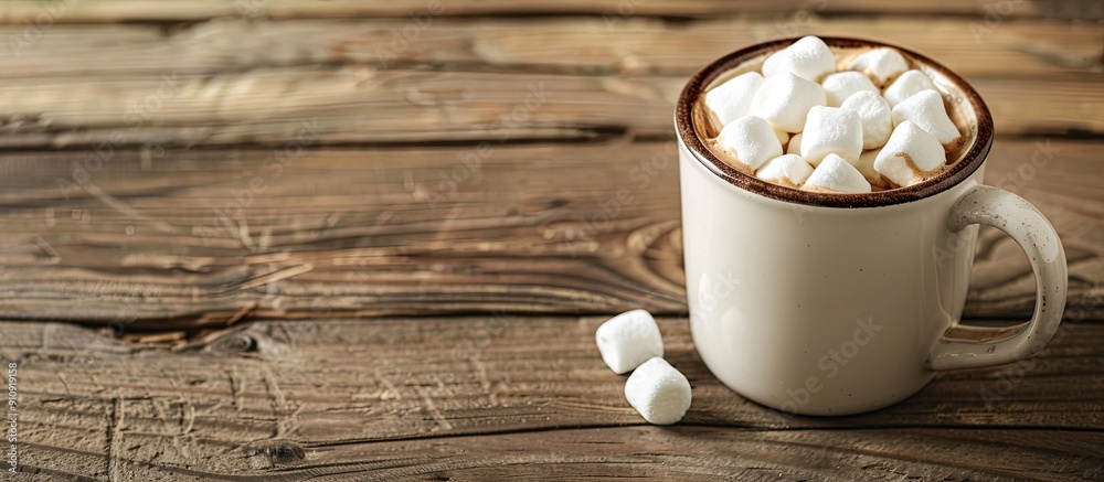 Aufkleber marshmallow topped coffee cup on a rustic wooden table with copy space image