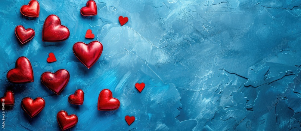 Poster romantic valentine s day concept with heart shapes on a blue surface offering a copy space image for