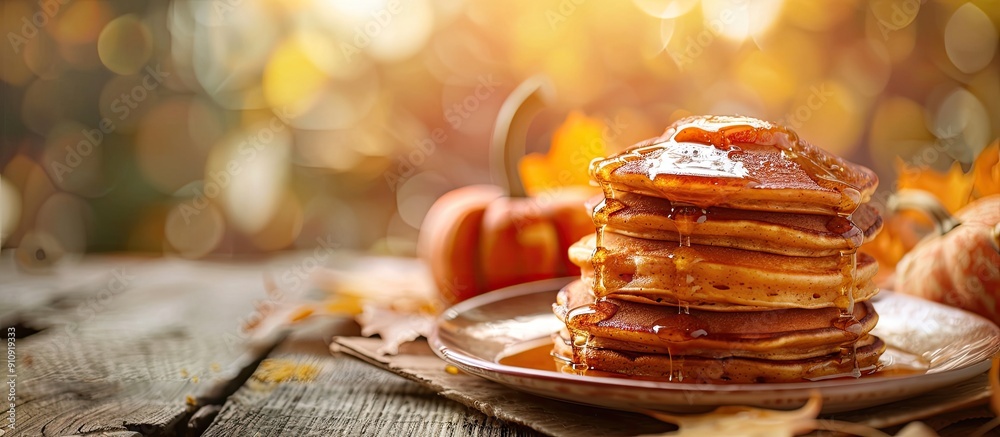 Poster selective focus on pumpkin pancakes with syrup on a plate placed on a table with copy space image av