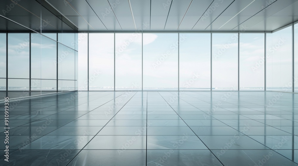 Poster a large, empty room with a view of the ocean