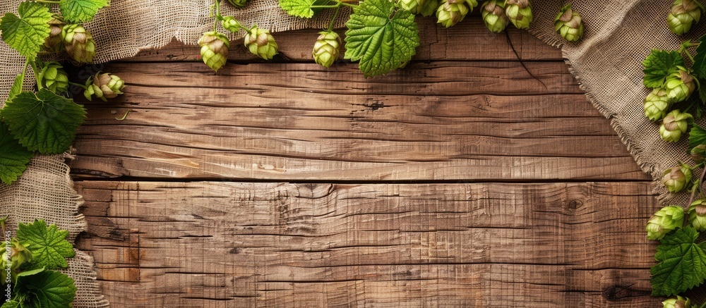 Leinwandbilder rustic wooden surface with hops and sackcloth on it ideal for product display with copy space image
