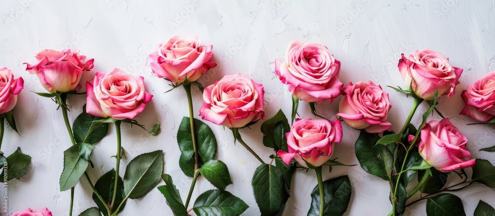 Leinwandbilder top down view of pink roses on a white backdrop with room for text in a copy space image