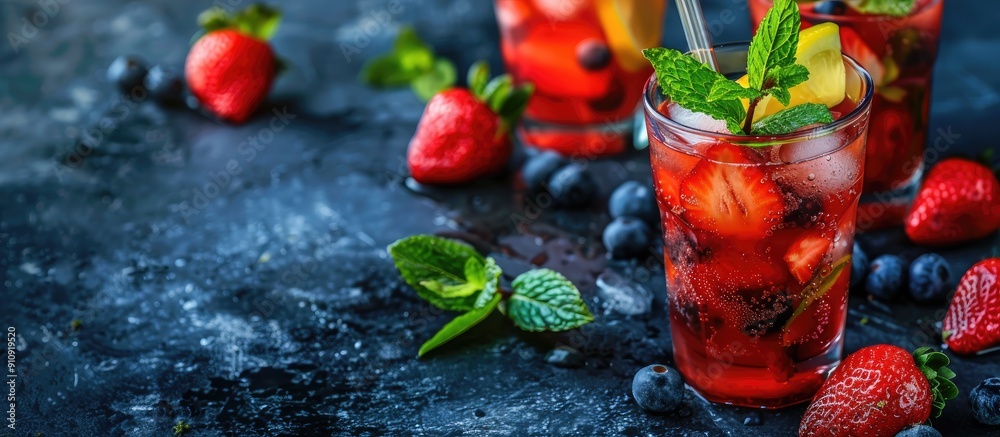 Poster refreshingly summer strawberry lemonade drink with fresh berries and mint on a dark backdrop with av