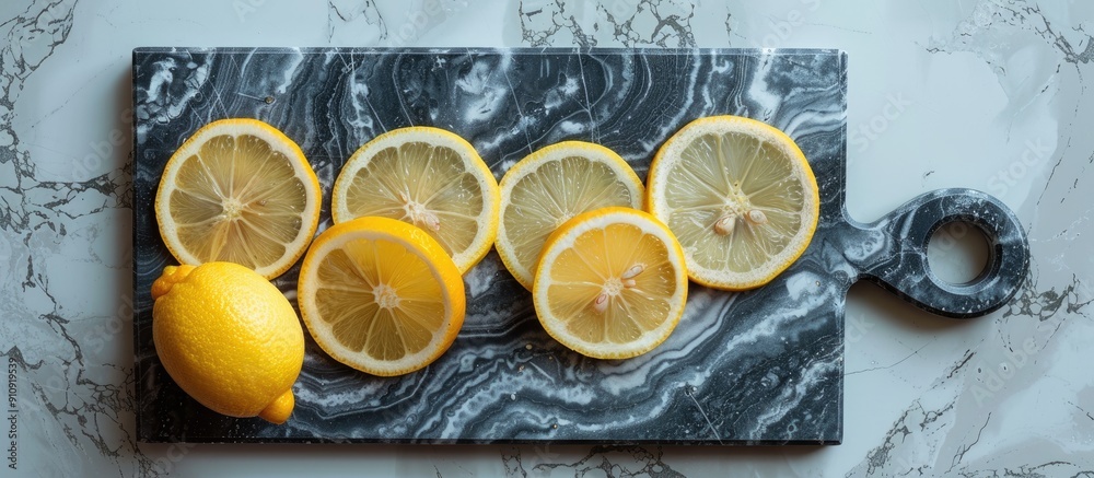 Poster Marbled cutting board with lemon slices Ample copy space image for text highlighting Vitamin C benefits in the fruit