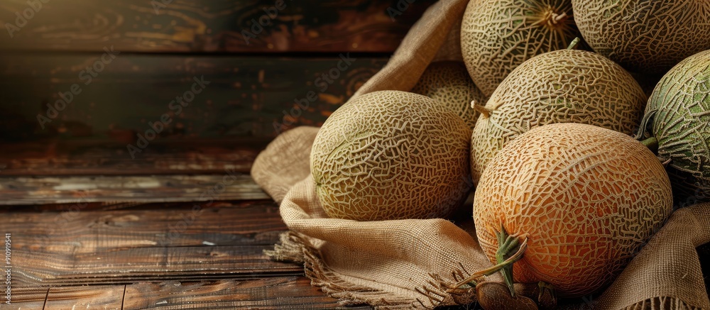 Poster A range of melons displayed in a rustic sack with a blank area for adding text or images. Creative banner. Copyspace image