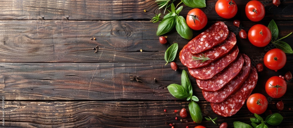 Aufkleber wooden table with sausage slices arranged ideal for copy space image