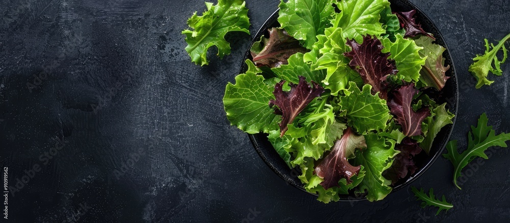 Aufkleber top view of a fresh oak leaf salad on a dark background with copy space image available