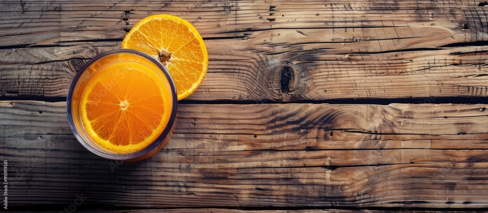 Aufkleber Orange juice with copy space image on wooden table over rustic background