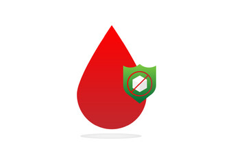 Diabete concept. A drop of red blood with a green shield protects a cube of sugar. Prevent glucose for health.