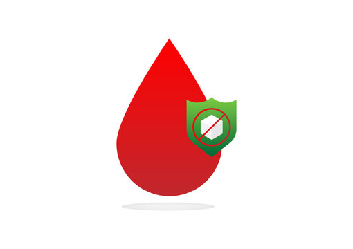 Diabete concept. A drop of red blood with a green shield protects a cube of sugar. Prevent glucose for health. - Powered by Adobe
