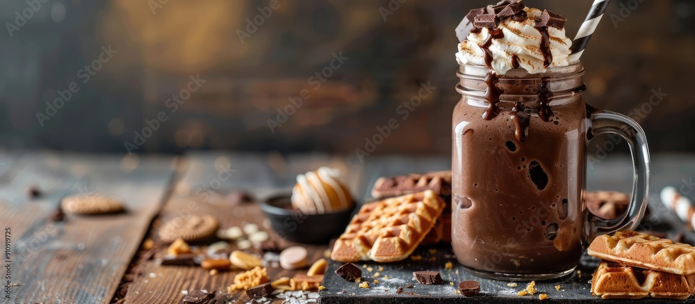 Poster indulgent chocolate milkshake topped with whipped cream cookies and waffles in a mason jar sweetly e